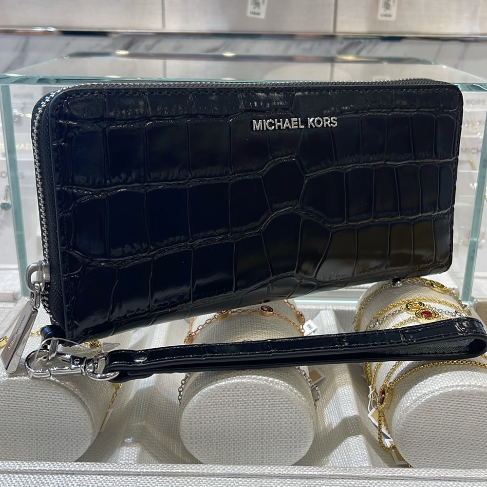 Michael Kors JtSet Travel Metallic Crocodile Embossed Leather Continental Wallet - Picture 3 of 16